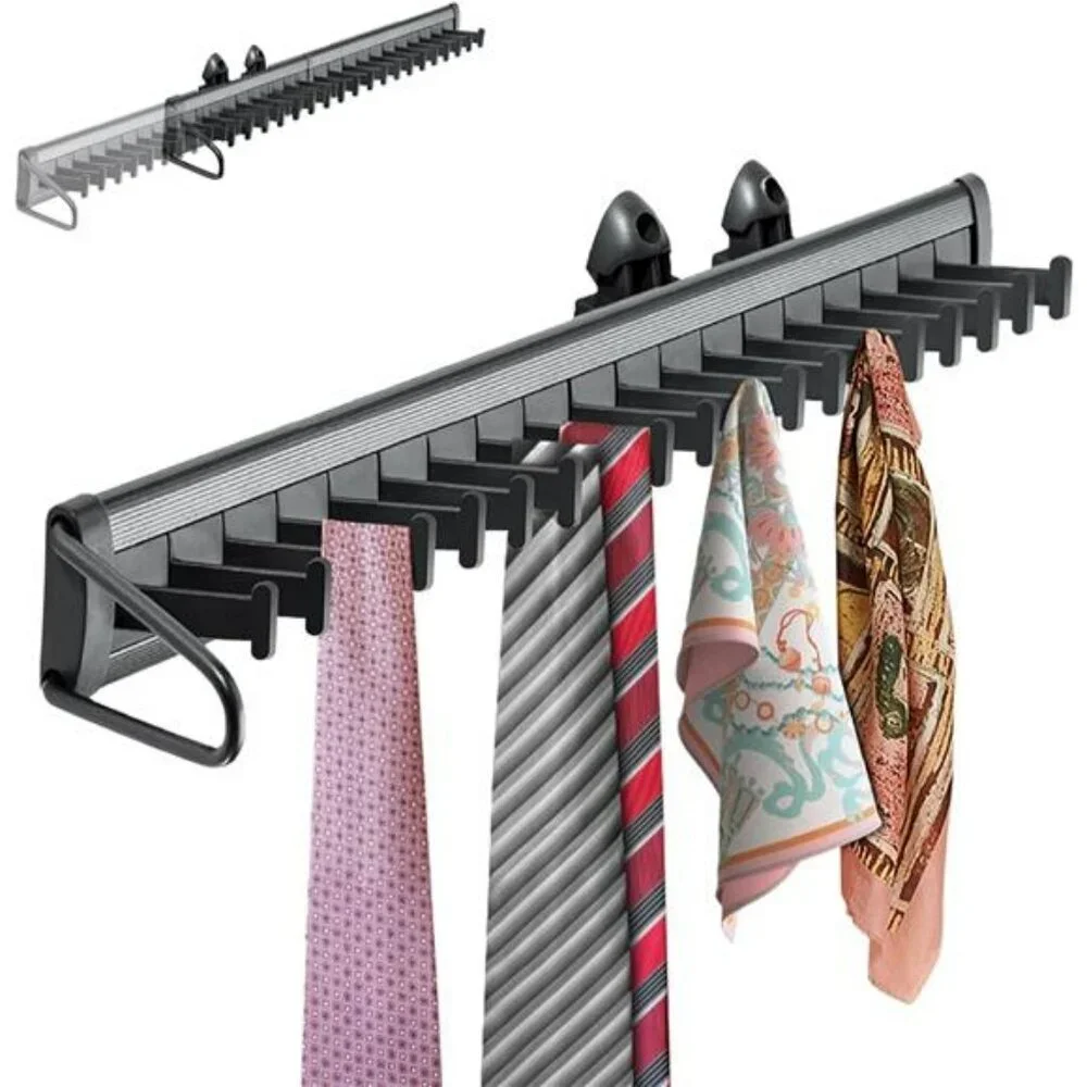 Sliding Tie Rack Closet Organizer 20 Hook Pull Out Belt Scarf Shawl Hanger Rail